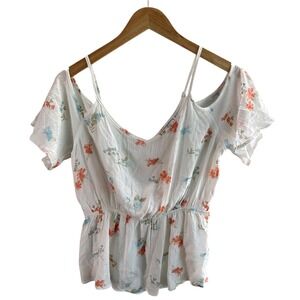 Hippie Rose Floral Cold Shoulder Top Flowy‎ Summer White Large NWOT (Flaw)